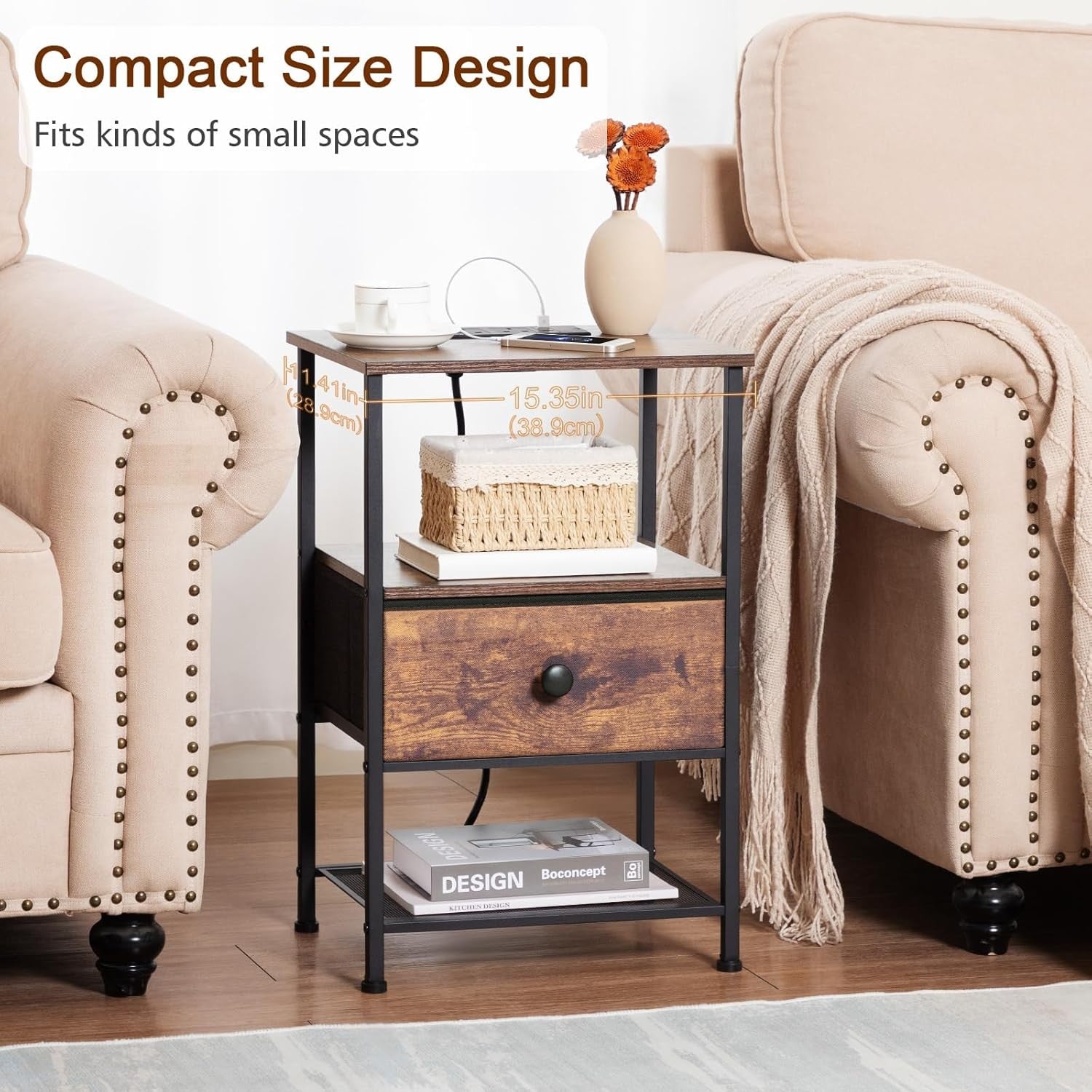 Set of 2 Bedside Tables with Charging Station, Fabric Drawer & Storage Shelf Bro