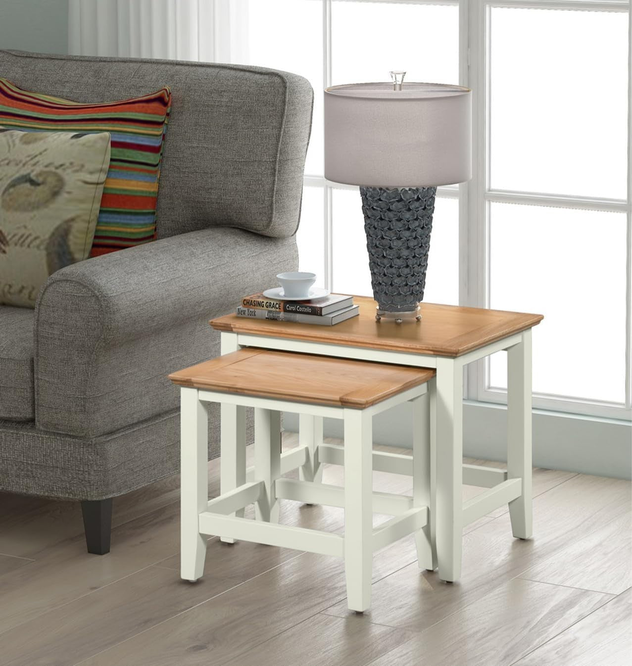 2 Nesting Coffee Tables Set Oak Top White Living Room End Side Table Modern