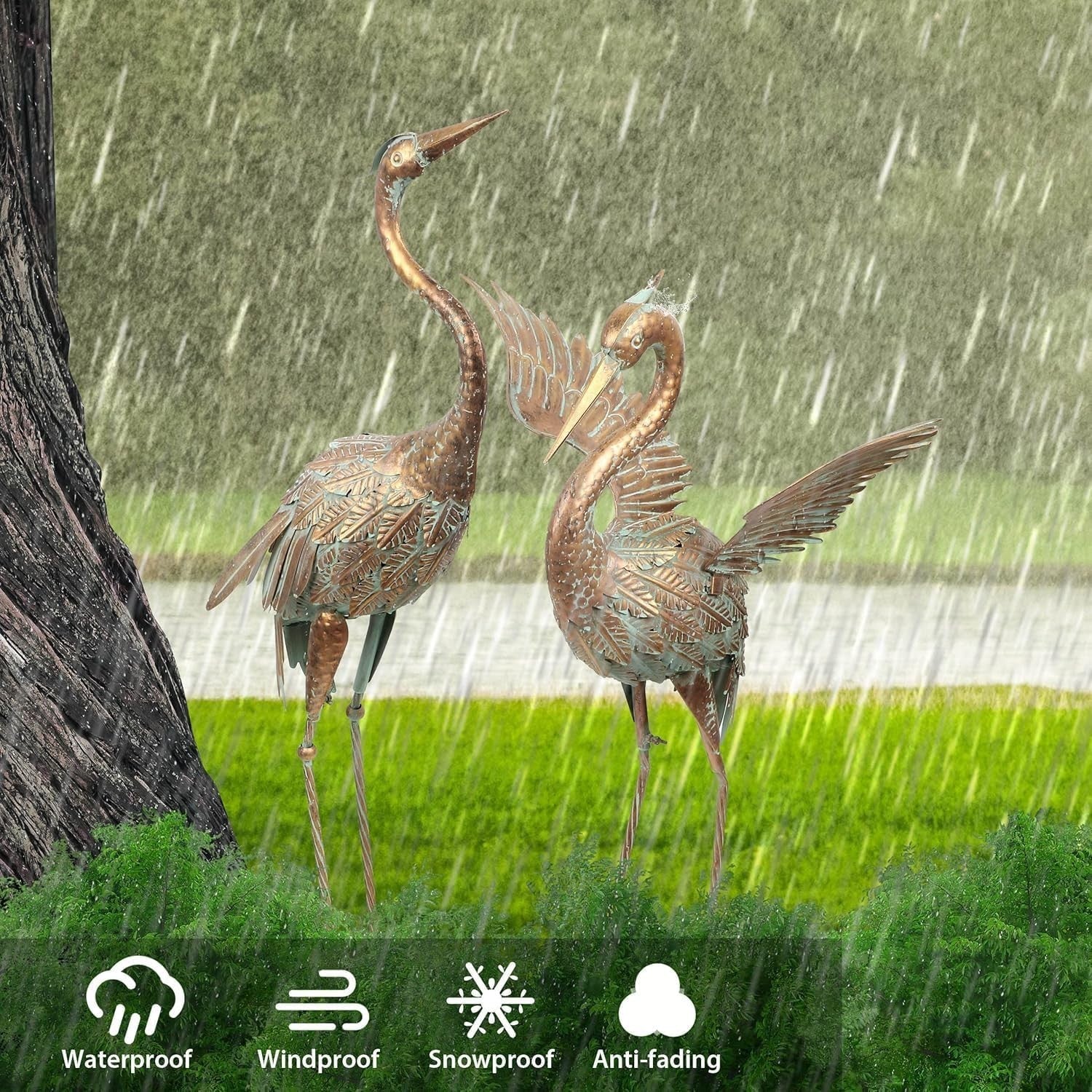 Large Metal Crane Garden Statues Pair 39in Bronze Heron Sculptures Outdoor Decor
