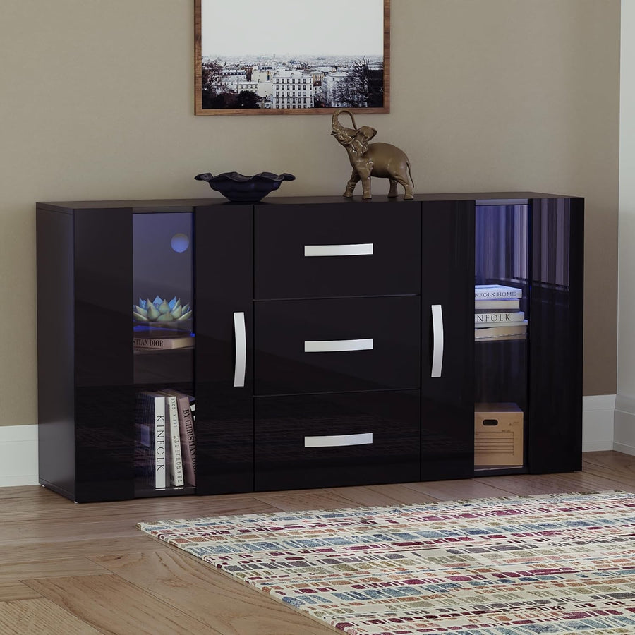 Black LED Sideboard Cabinet RGB Lights 3 Drawers 2 Doors Modern Unit