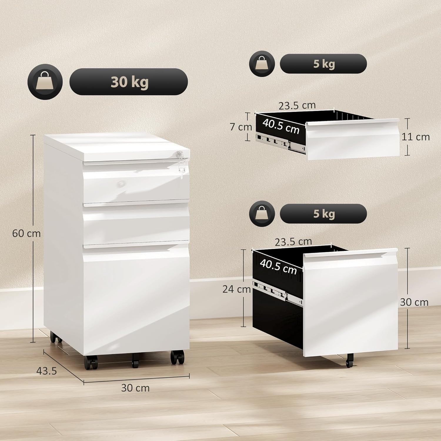 White 3 Drawer Lockable File Cabinet 30x43.5x60cm Mobile Cabinet