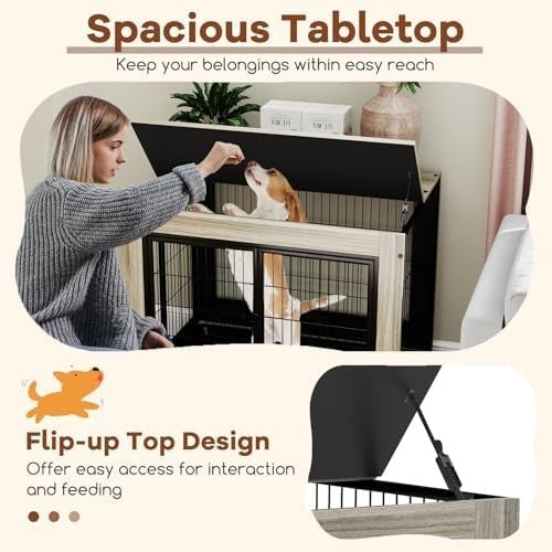 Luxury Indoor Dog Crate Furniture with Wheels, Pull-Out Tray & 3 Doors