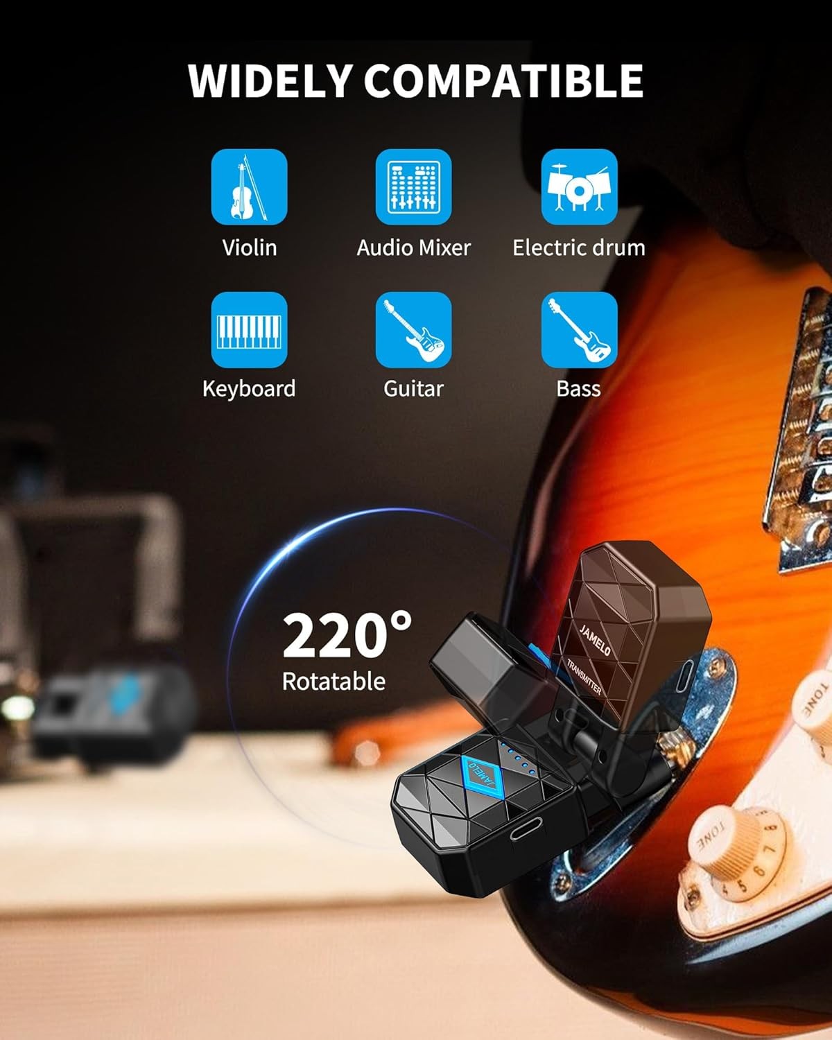 Wireless Guitar System 4 Channels 15H Playtime Rechargeable