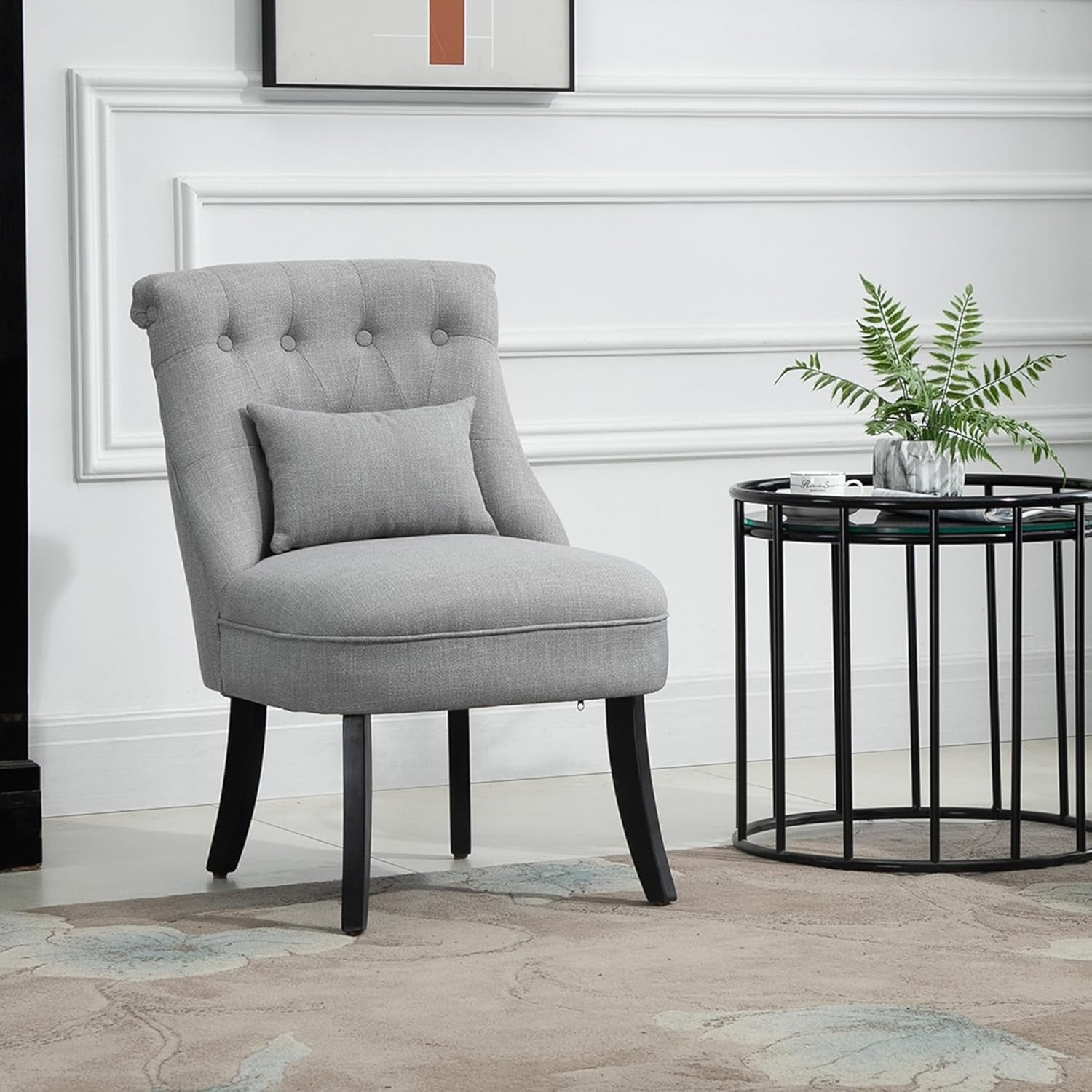 Grey Fabric Accent Armchair with Pillow Wooden Legs Lounge Chair