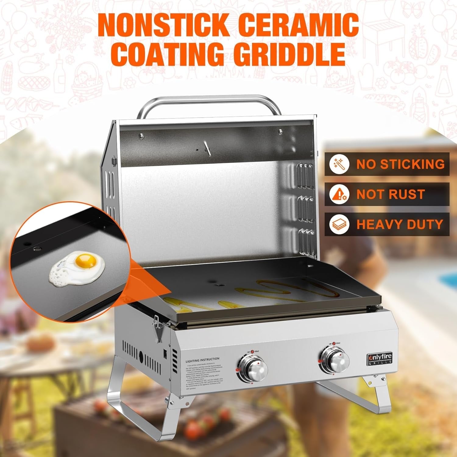 Portable 2 Burner Gas BBQ Plancha Grill with Lid & Thermometer | Tabletop