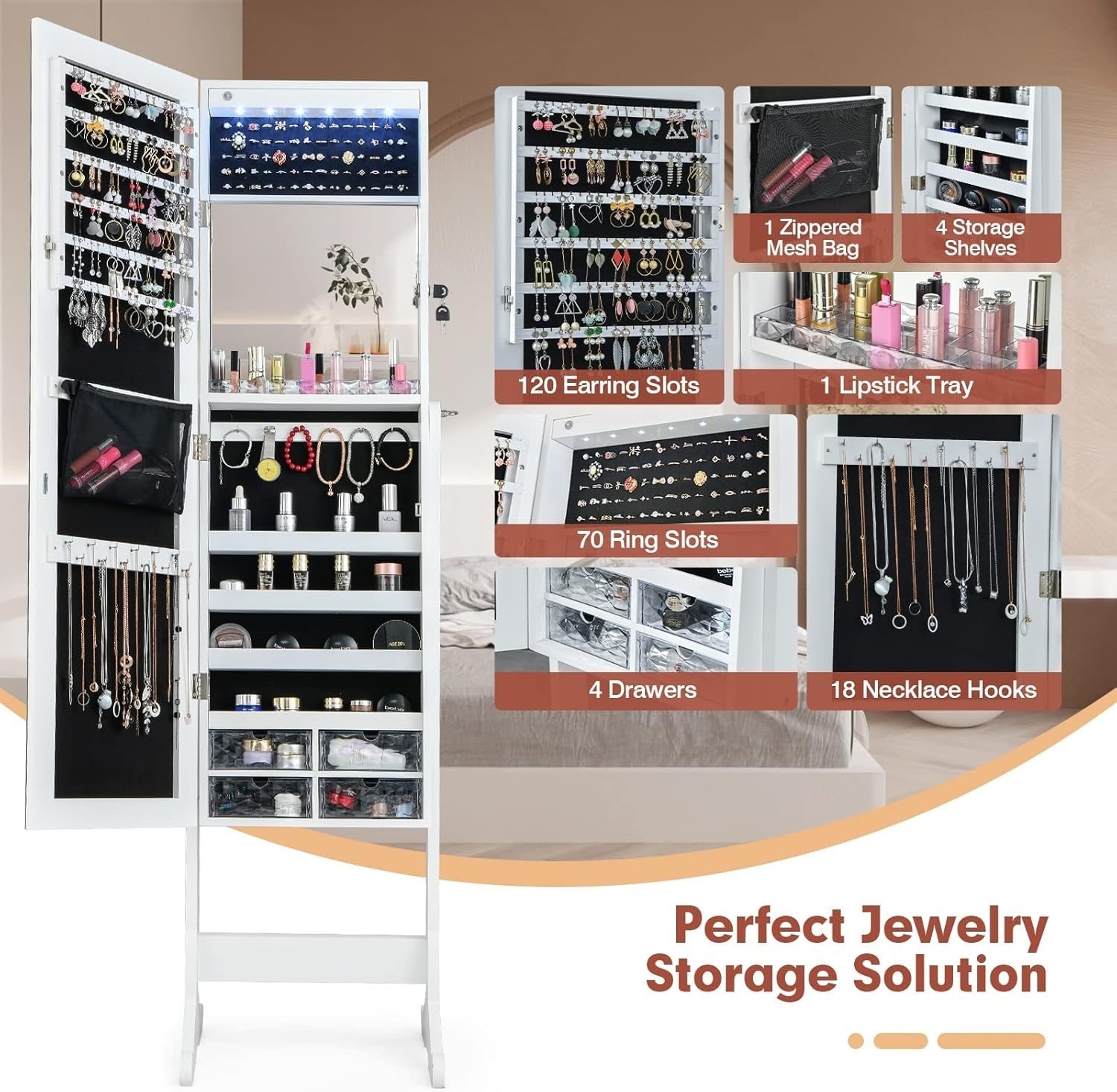White Standing Jewelry Armoire Mirror LED Lights Lockable Adjustable Storage