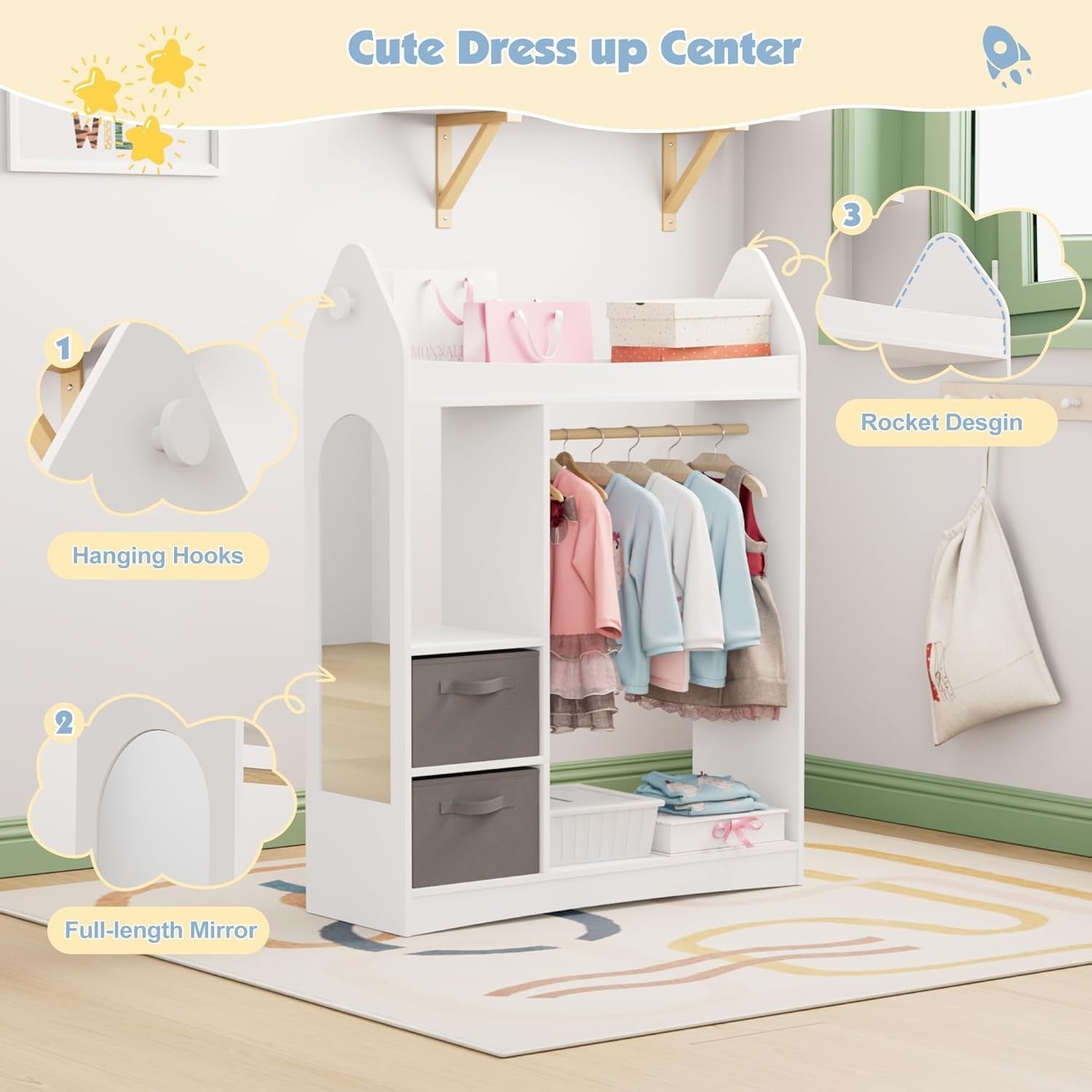 Kids Wardrobe with Mirror, Hanging Rail & 2 Drawers, White Rocket Design