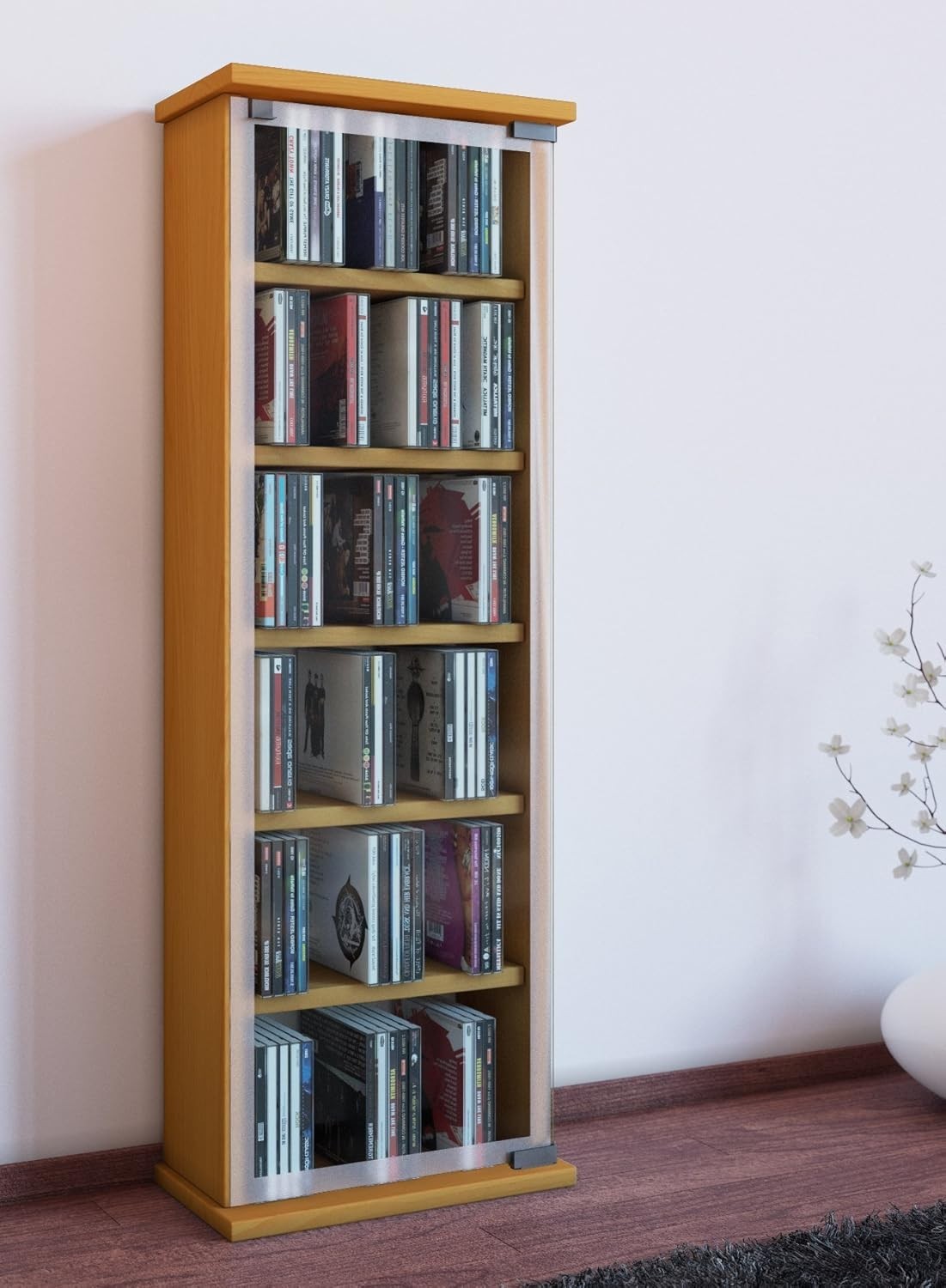 CD DVD Storage Tower Cabinet Glass Door Media Shelf Holds 150 CDs