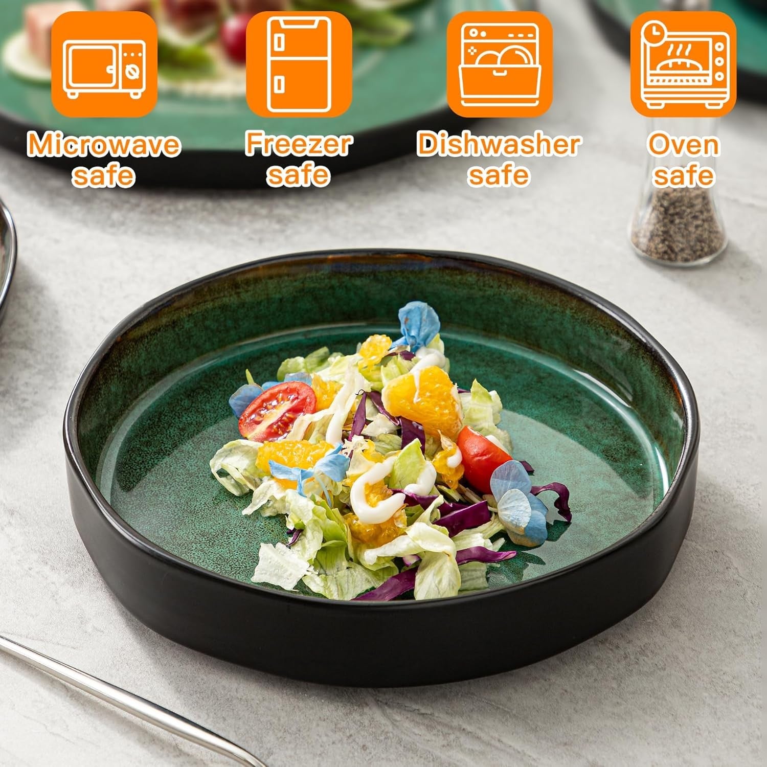4pc Large Pasta Bowls 1000ml 22cm Deep Porcelain Plates Green Set