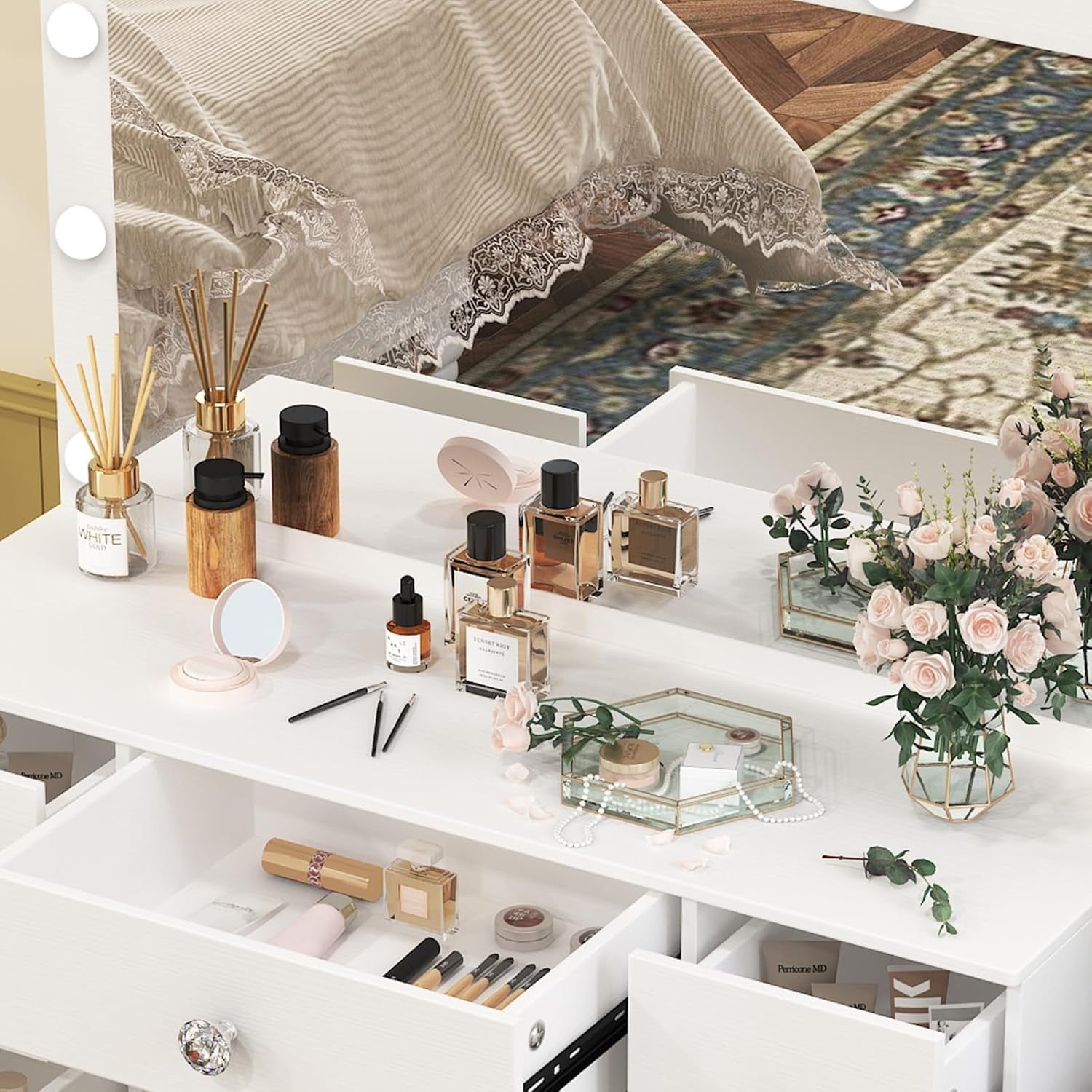 White Vanity Makeup Dresser Table 7 Drawers Large Mirror 3-Color LED Light Stool