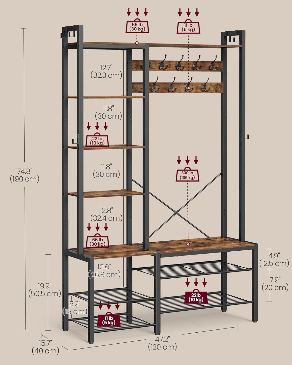 Entryway Hall Tree with Shoe Bench & Storage Hooks | 120x40x190cm