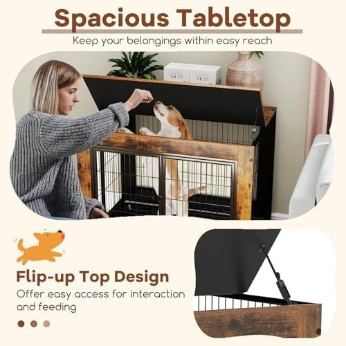 Indoor Wooden Dog Crate on Wheels with Pull-Out Tray & 3 Doors, Small/Medium