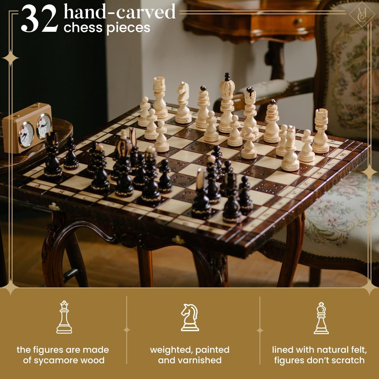 Luxury 60cm Wooden Chess Set | Hand-Carved Sycamore Pieces | Premium Large Board