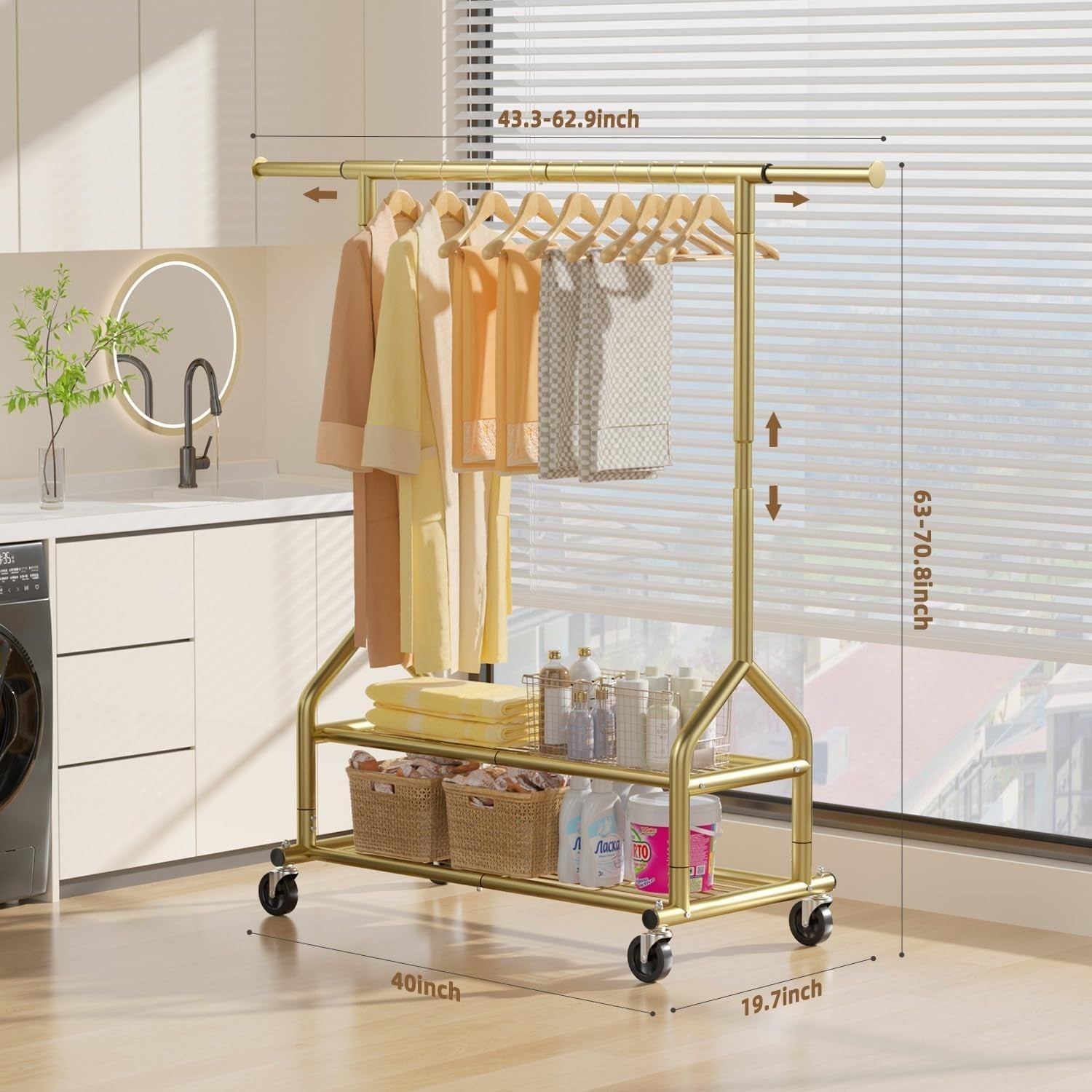 Gold Heavy Duty 252KG Clothes Rail With Shelves & Wheels