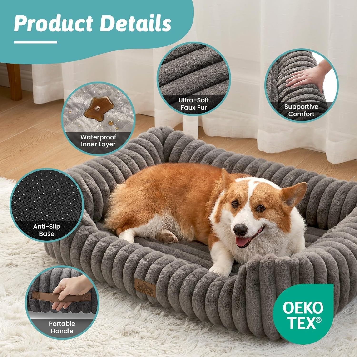 Large Orthopedic Dog Bed Faux Fur Washable 35x25in Grey