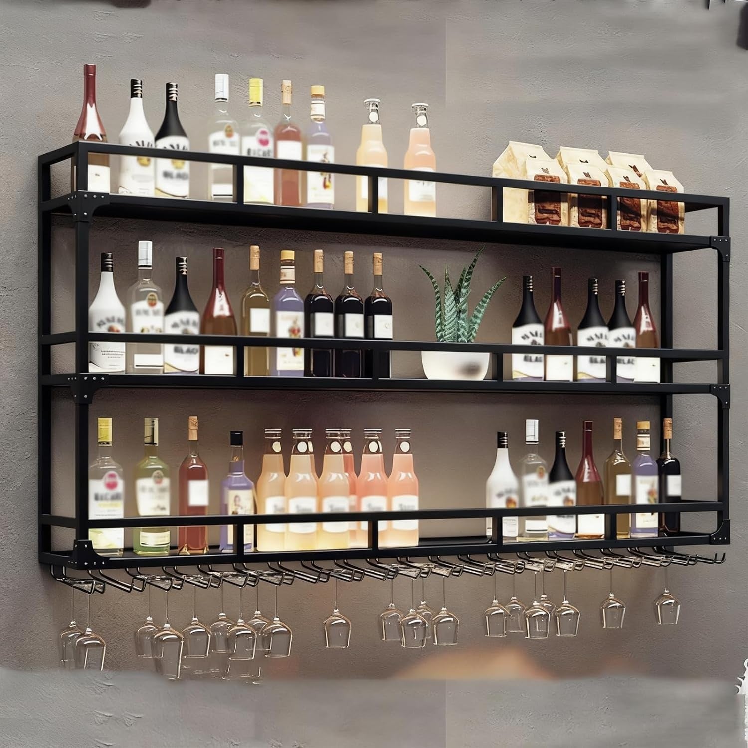 Wall Mounted Wine Rack Black Metal Bar Shelf With Glass Holder 180x25x90cm