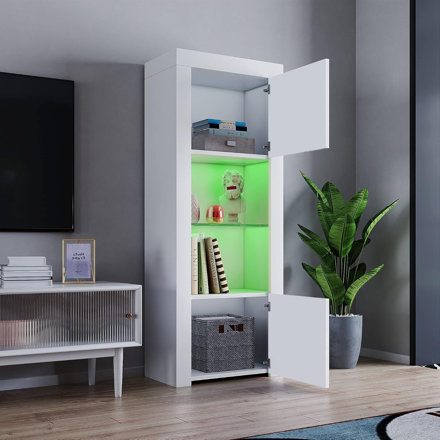 LED Lighted White Display Cabinet Sideboard with Glass Shelf 62x35x160cm