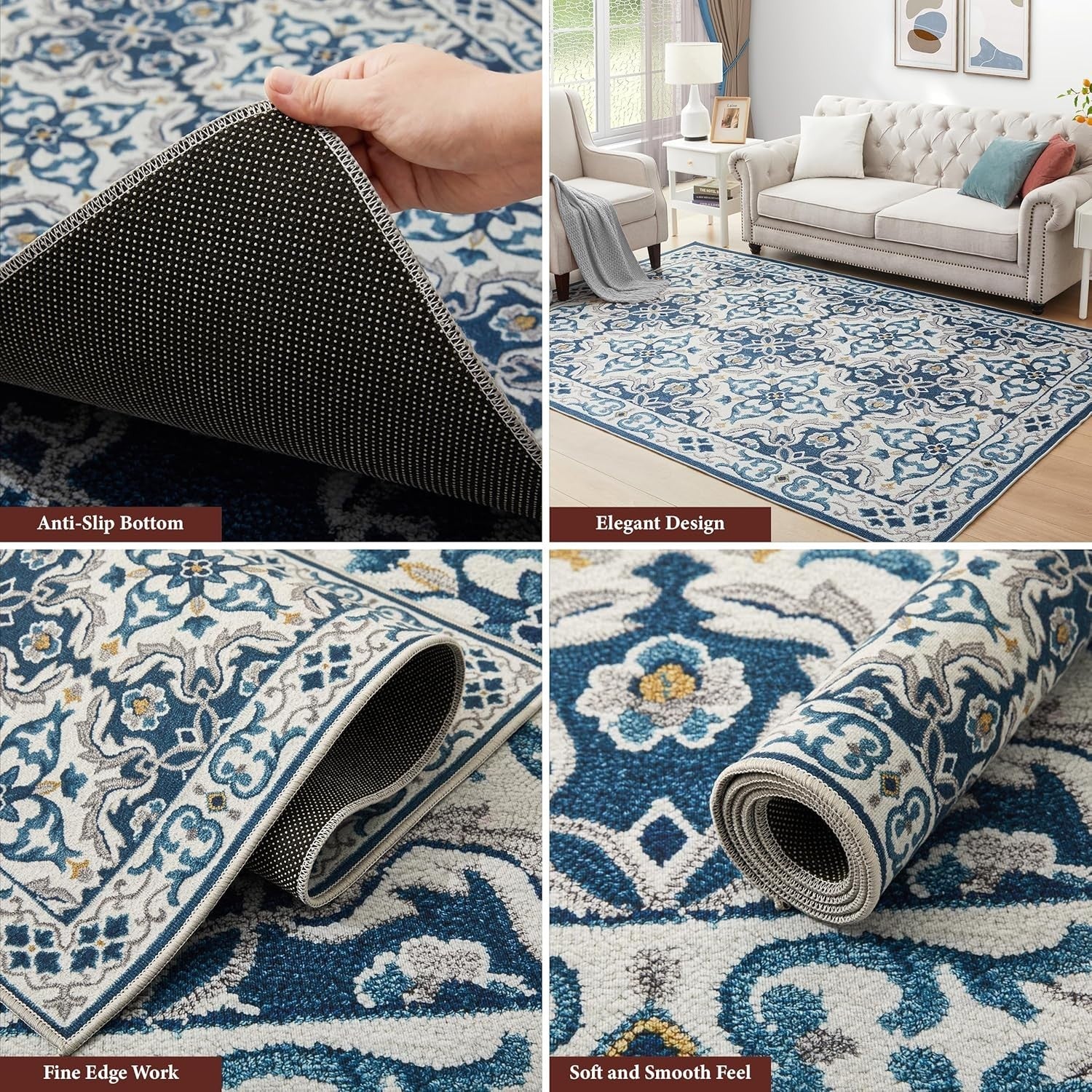 Large Vintage Floral Rug 160x230cm Soft Blue Non-Slip Carpet Living Room Bedroom