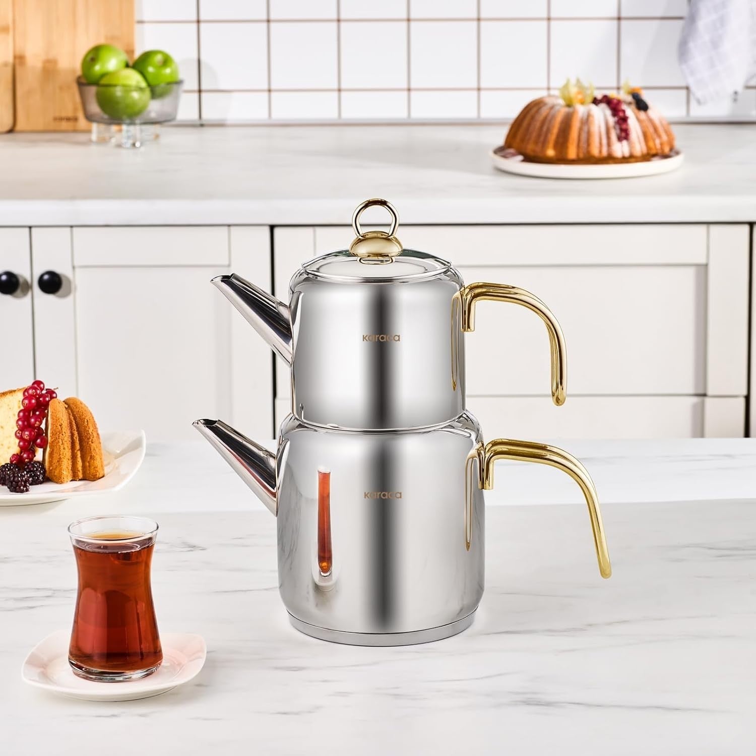 Turkish Tea Maker Gold Stainless Steel Teapot Set 3L Induction Safe