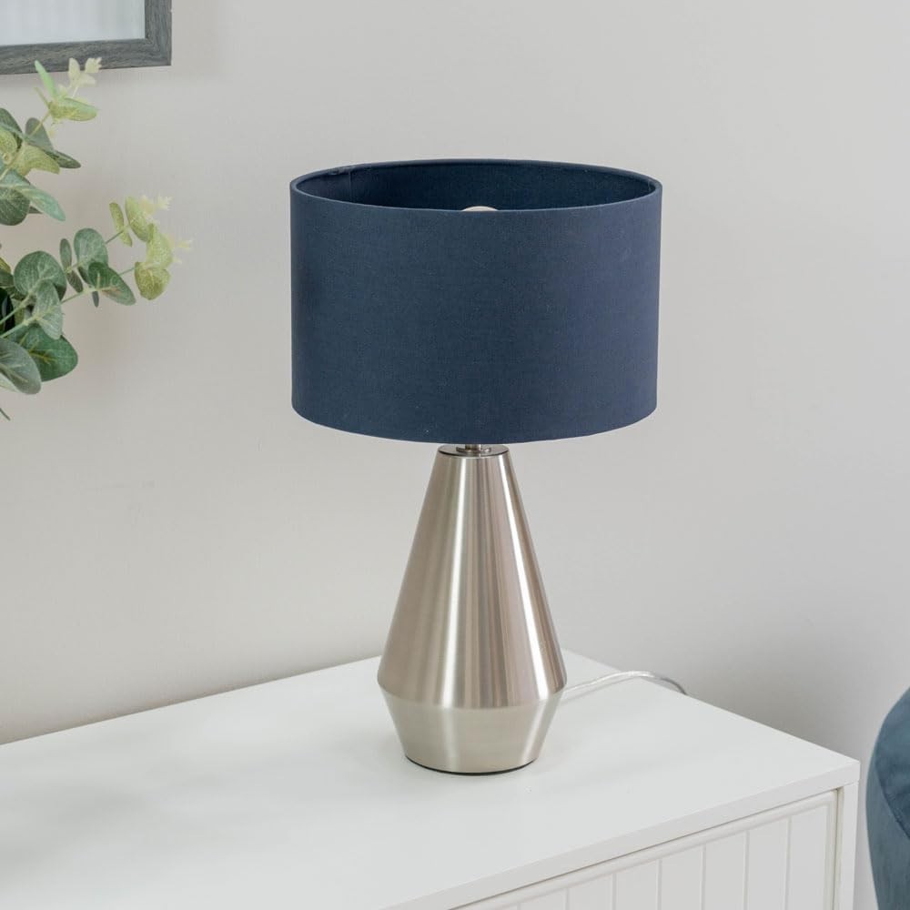 Silver Touch Dimmer Table Lamp Navy Drum Shade Bedside LED Light