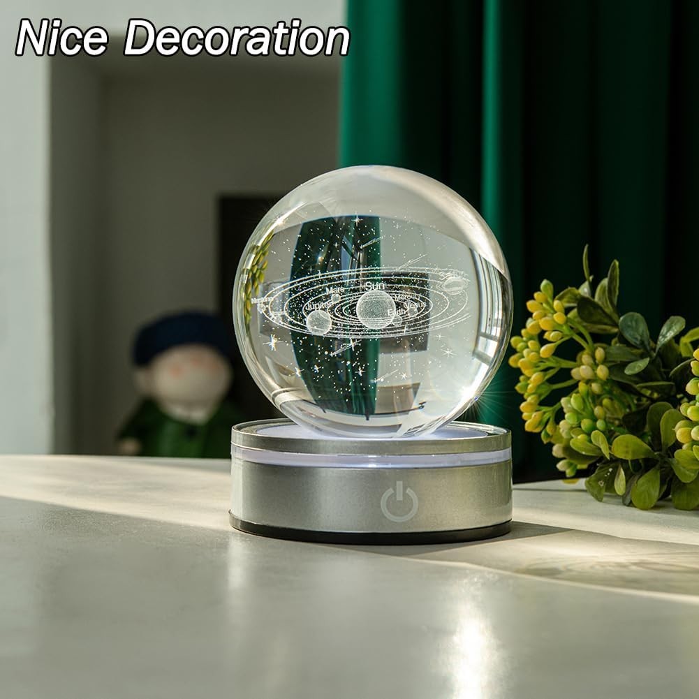 3D Solar System Crystal Ball with LED Stand • Space Gift • Engraved Planets