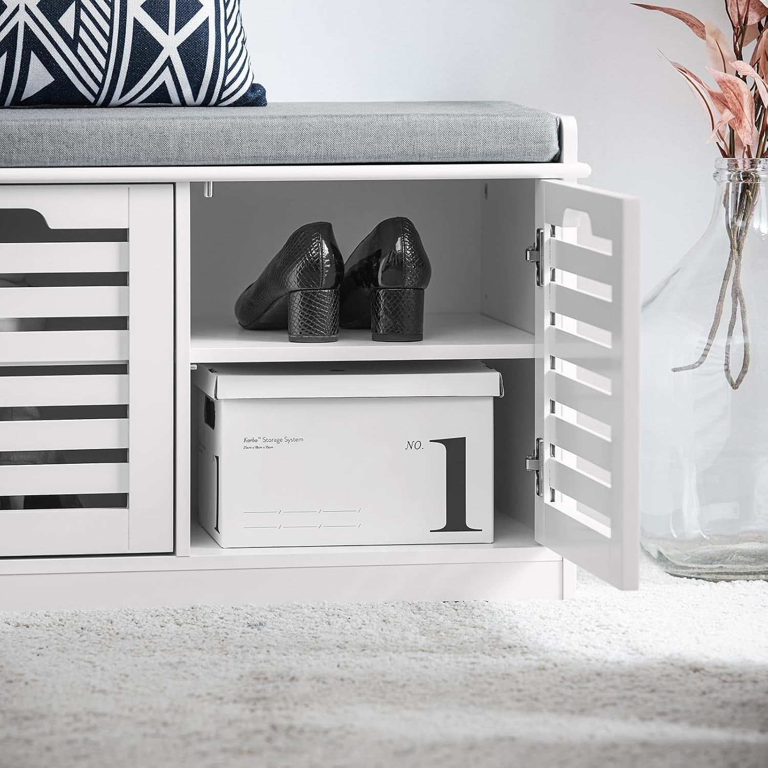 White Shoe Storage Bench with Cushion | 2 Door Hallway Seat Cabinet Unit