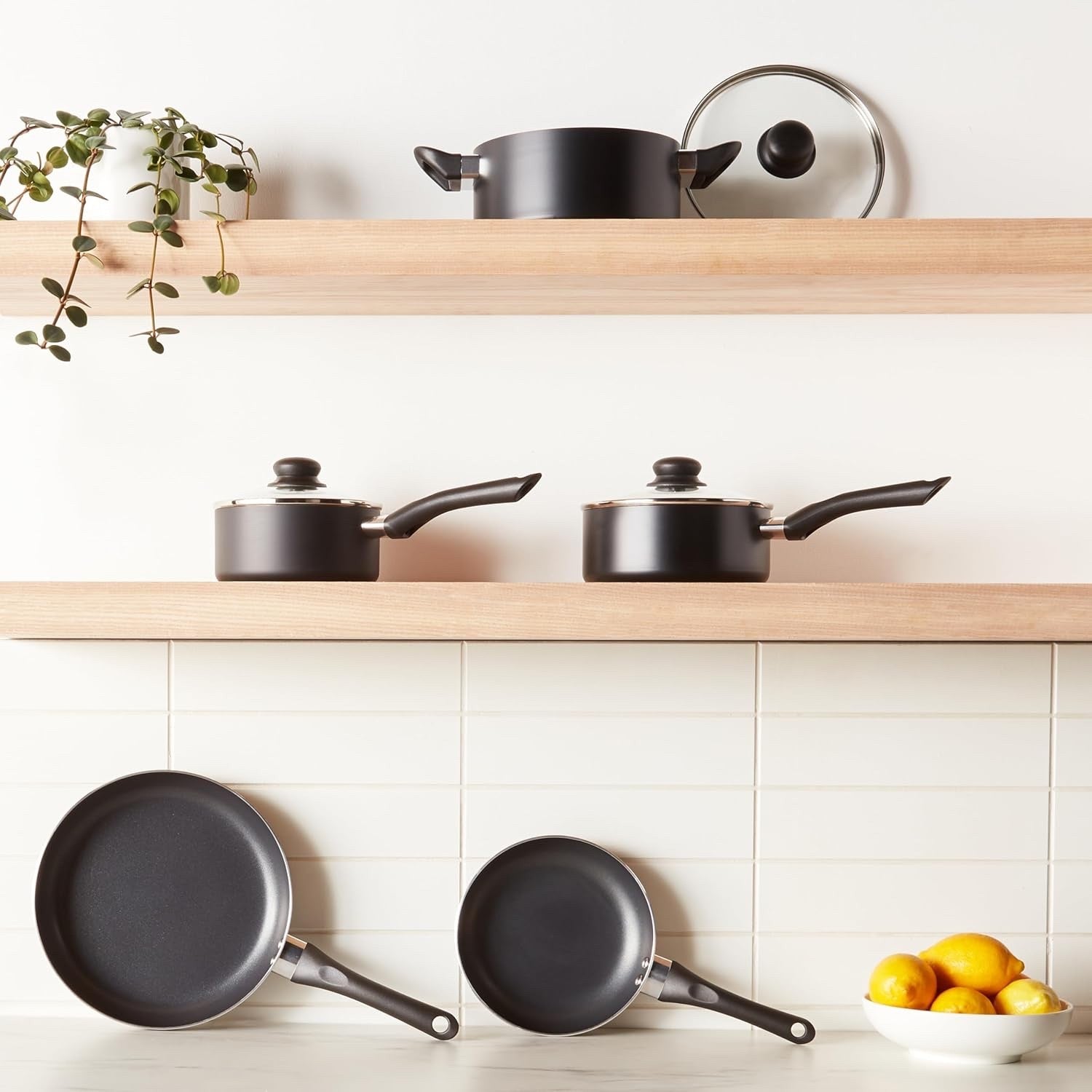 8pcs Non Stick Cookware Set – Frying Pans & Sauce Pans with Glass Lids Black