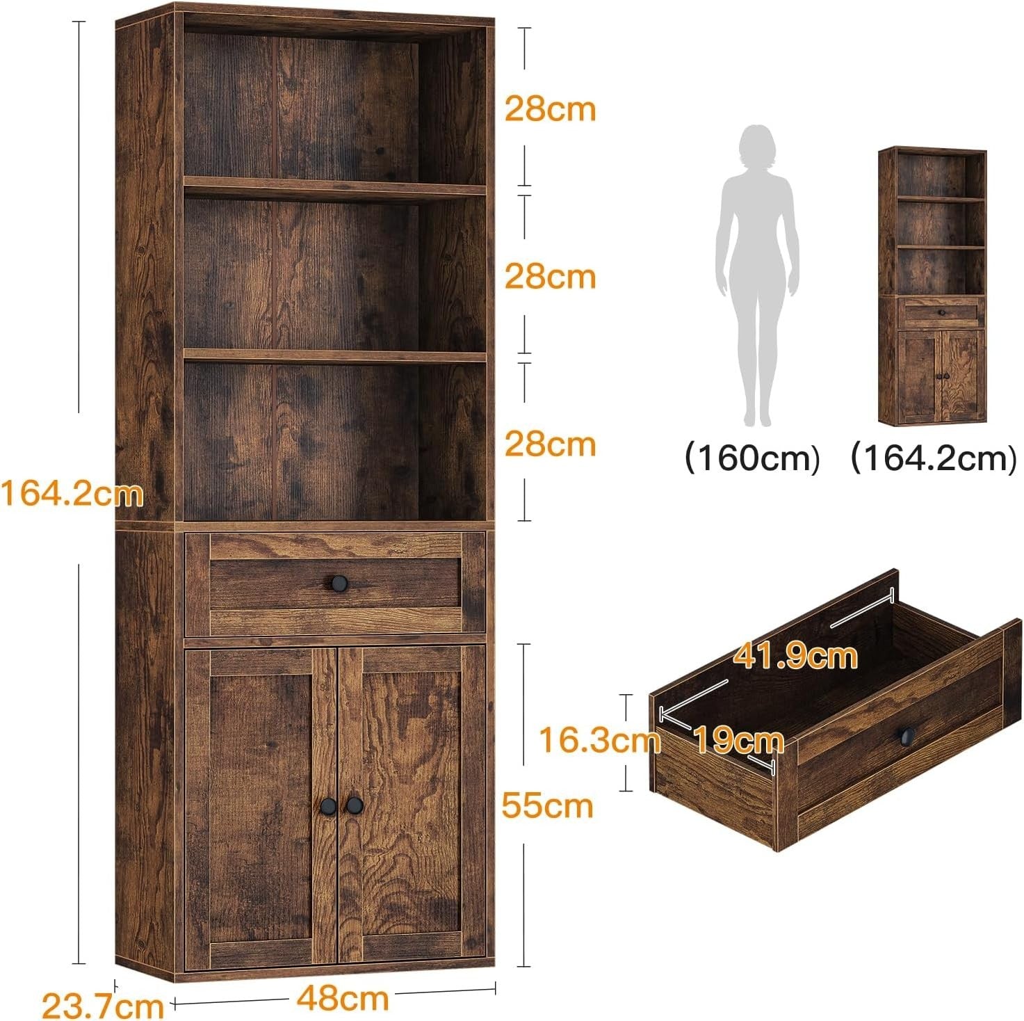 5 Tier Bookcase with Doors Drawers Display Storage Shelf Tall Cabinet Brown