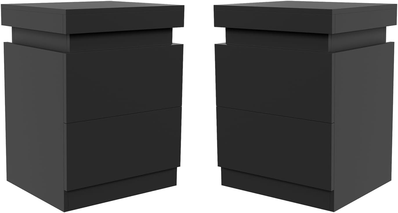 Set of 2 Modern LED Bedside Tables with USB Charging | Black 2 Drawer Nightstand