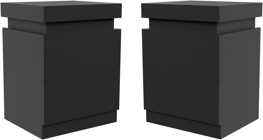 Set of 2 Modern LED Bedside Tables with USB Charging | Black 2 Drawer Nightstand
