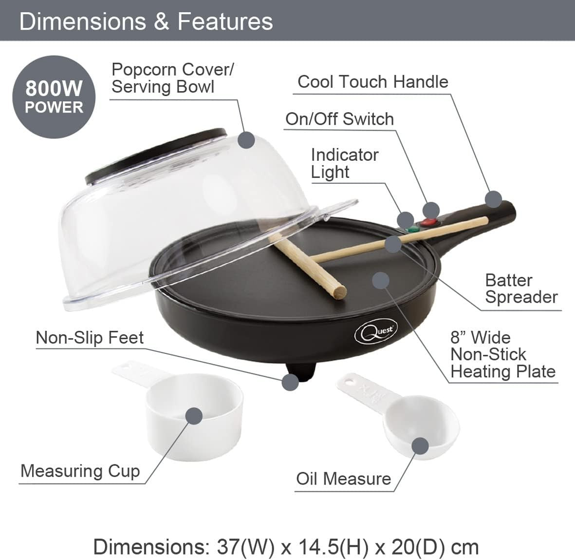 2-in-1 Popcorn & 8" Crepe Maker Non-Stick Electric Pan 800W