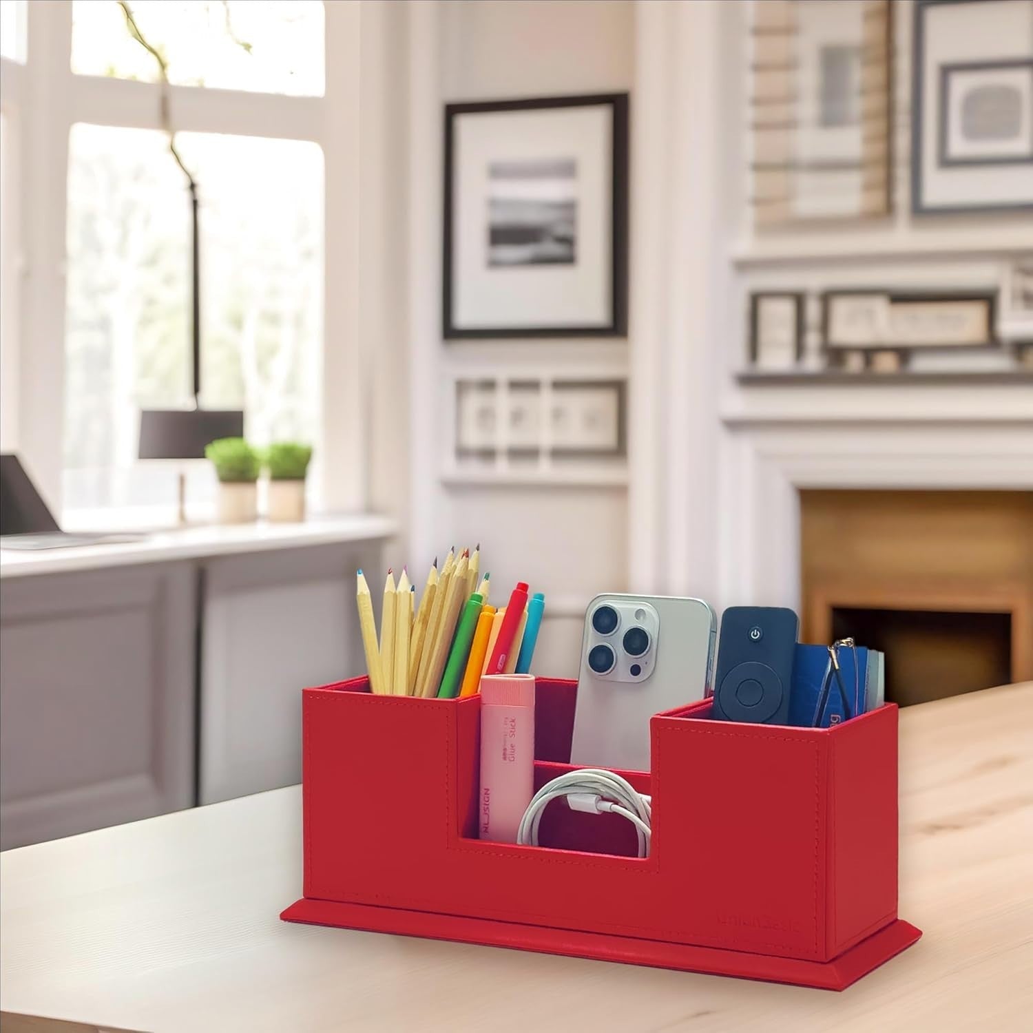 Leatherette Desk Organiser with Dual Pen & Card Holder – Red