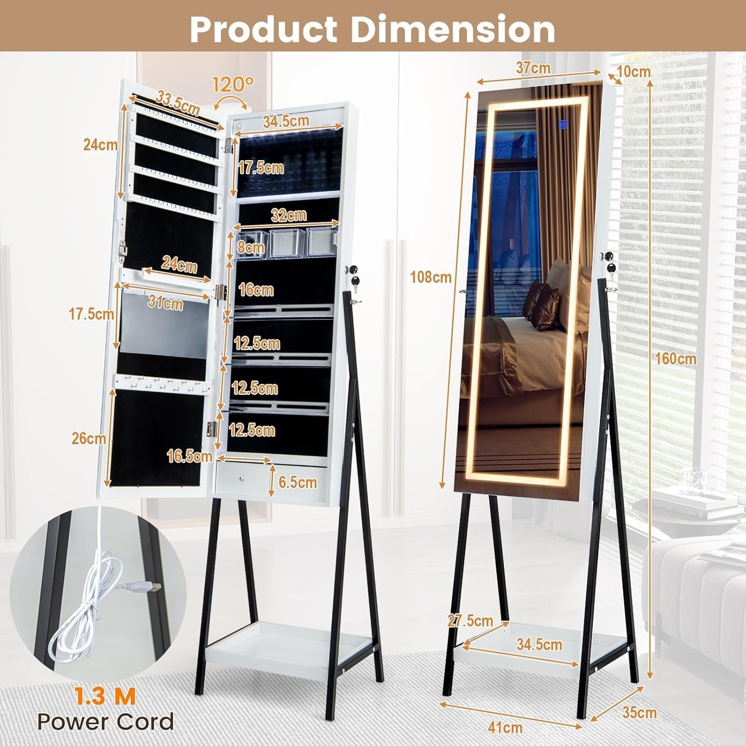 LED Jewelry Cabinet Freestanding Lockable Armoire Full Length Mirror White