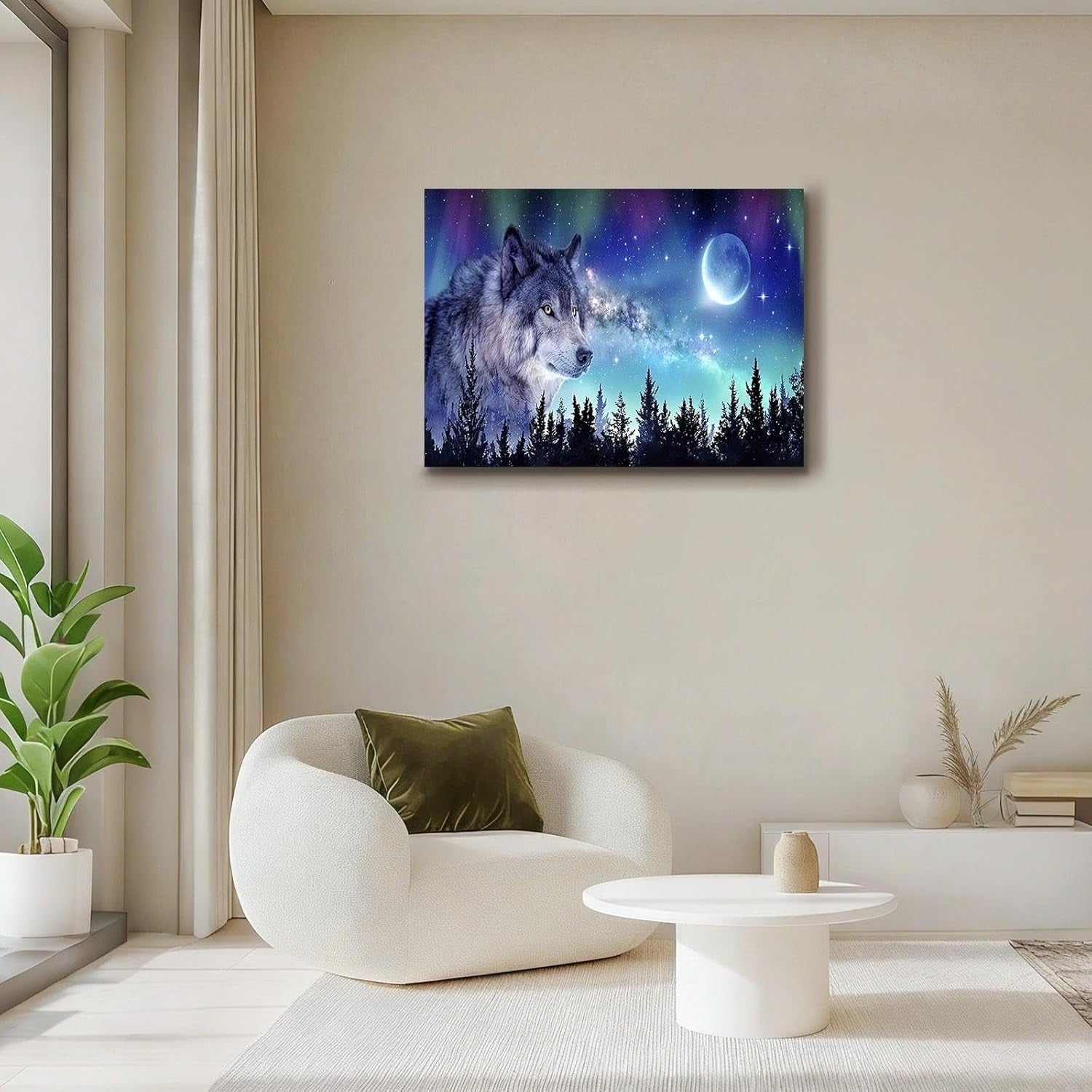 12×16″ Wolf Moon & Northern Lights Framed Canvas Wall Art – Ready Hang