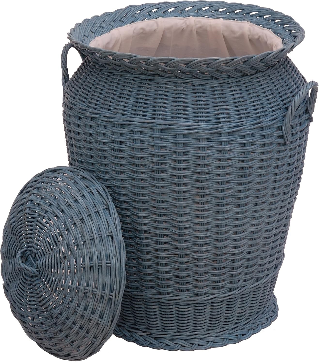 Round Rattan Laundry Basket with Lid 59cm Tall Handmade Woven Hamper Blue