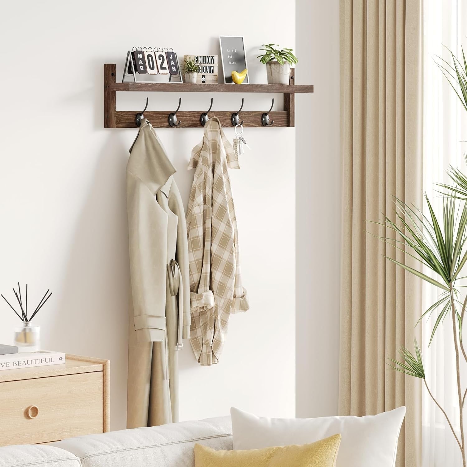 Brown Wall Mounted Coat Rack with Shelf | 5 Hooks Rustic Wooden Organizer