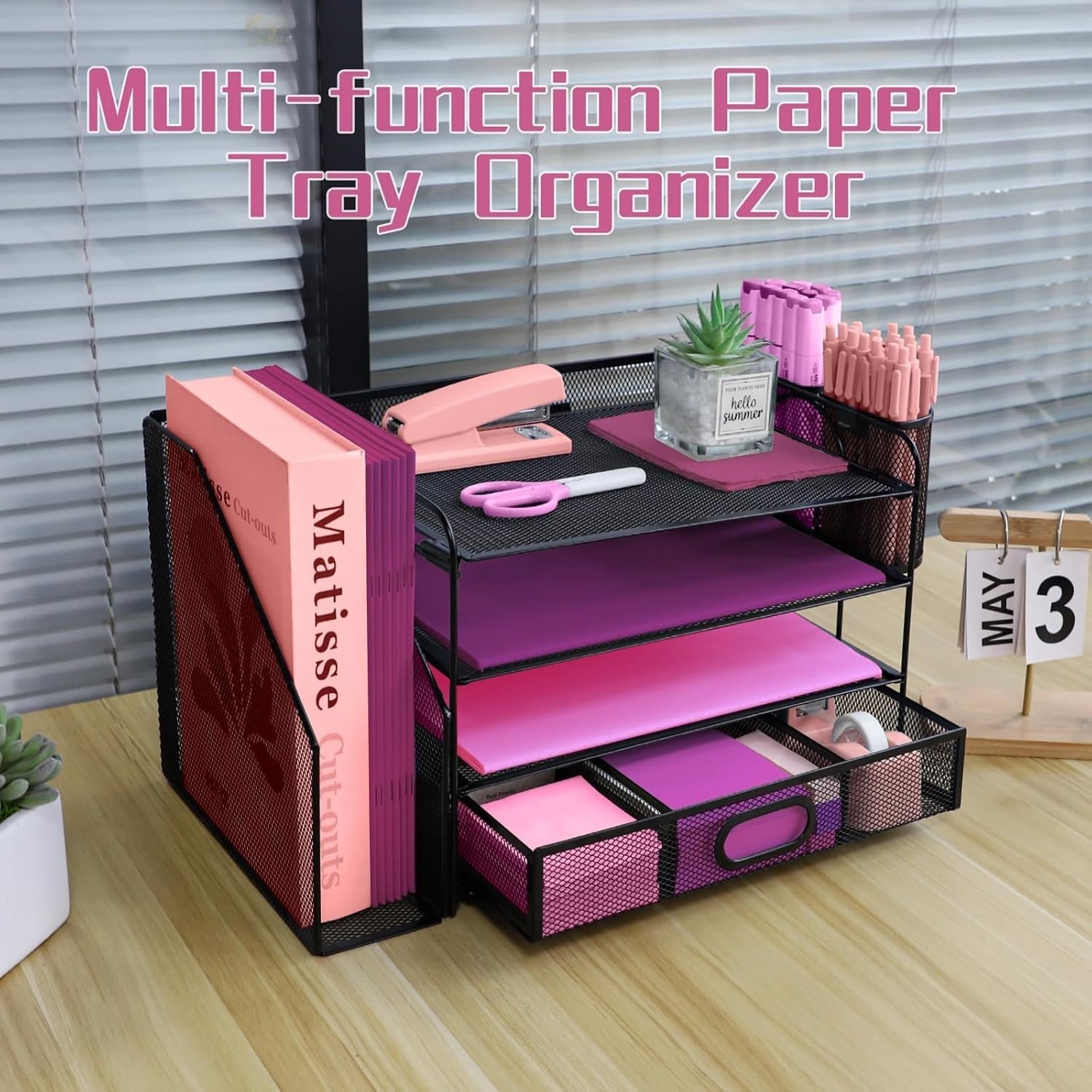 4-Tier Mesh Desk Organizer with Drawer & Pen Holders – Office File Tray