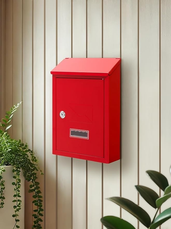 Lockable Wall Mounted Mailbox Red Steel Weatherproof Post Box Easy Install