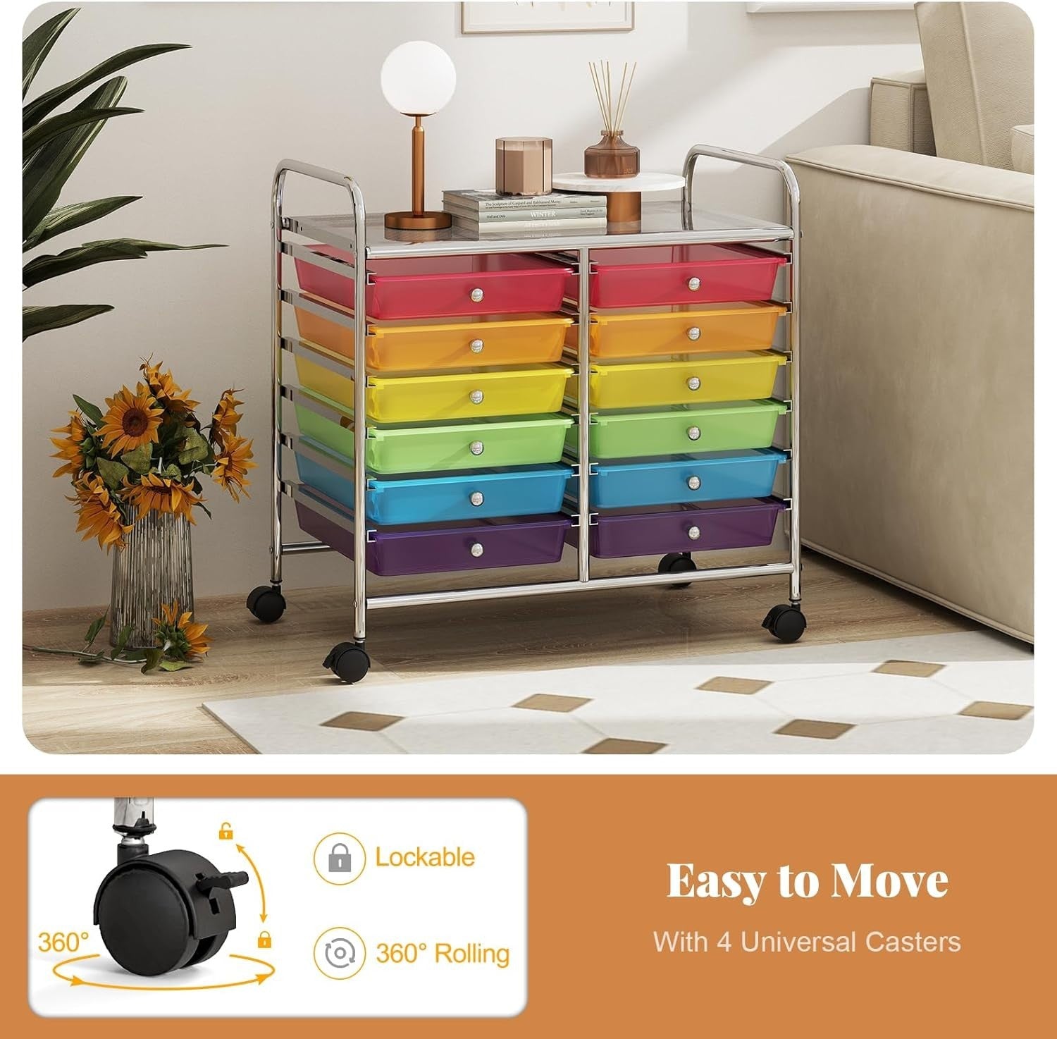 12 Drawer Rolling Storage Cart Rainbow Utility Trolley Organizer Wheels