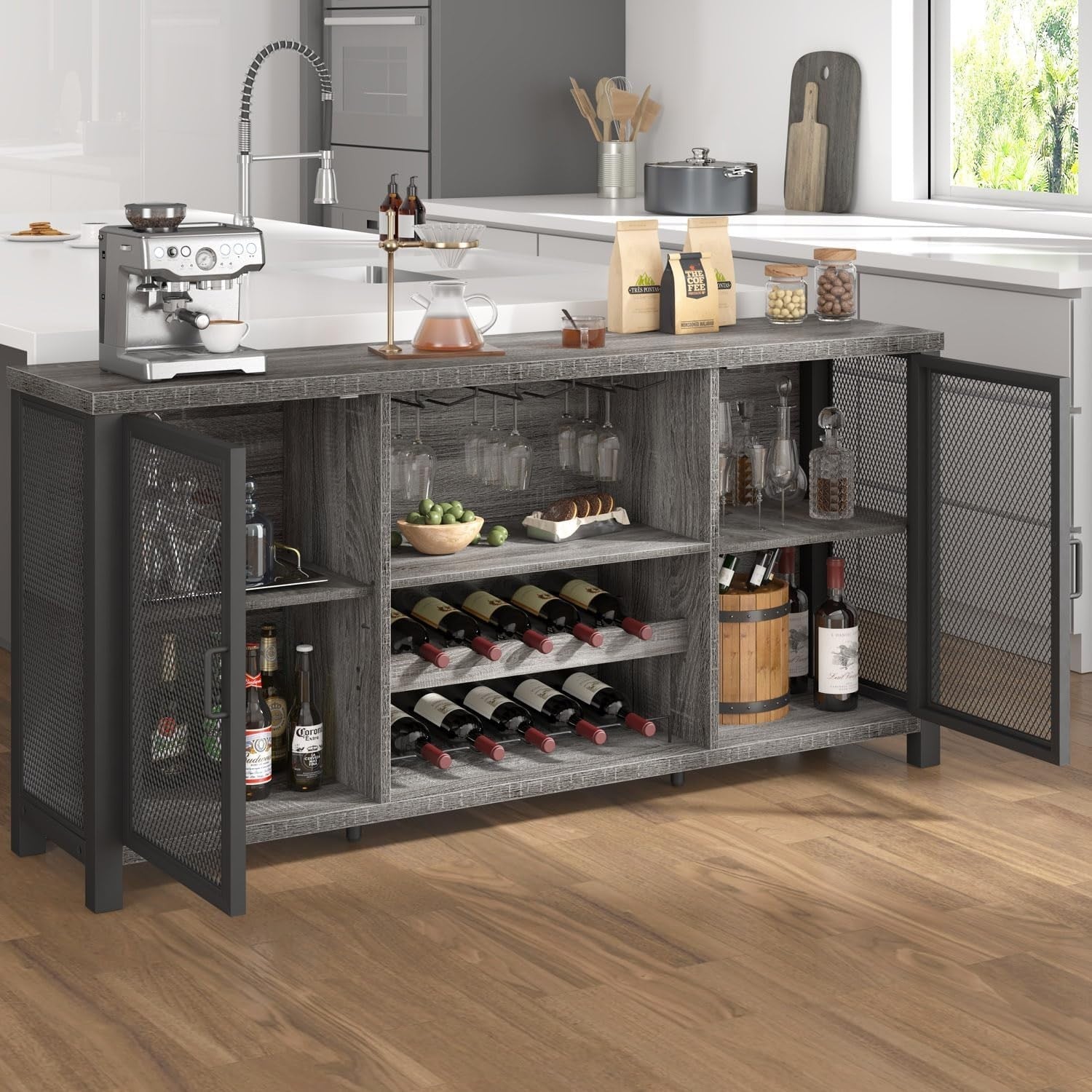 Large Industrial Bar Cabinet with Wine Racks Glass Storage Sideboard Light Grey