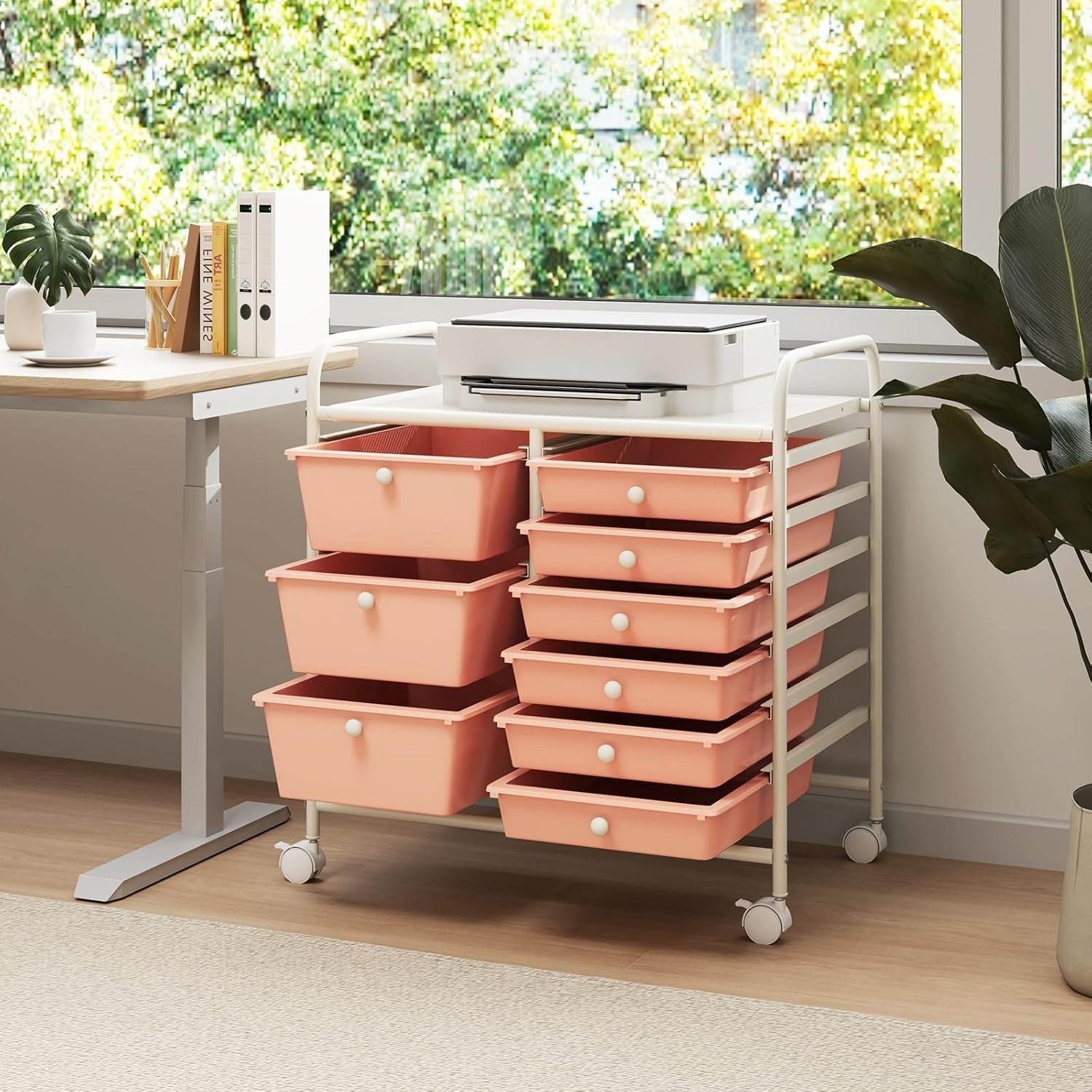 Pink 9 Drawer Mobile Storage Cart Rolling Beauty Organizer Trolley