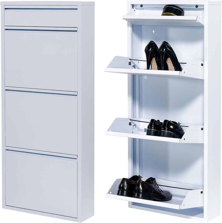 Slim Wall Mounted Shoe Cabinet 3+1 Drawer Metal Storage Rack 114cm White