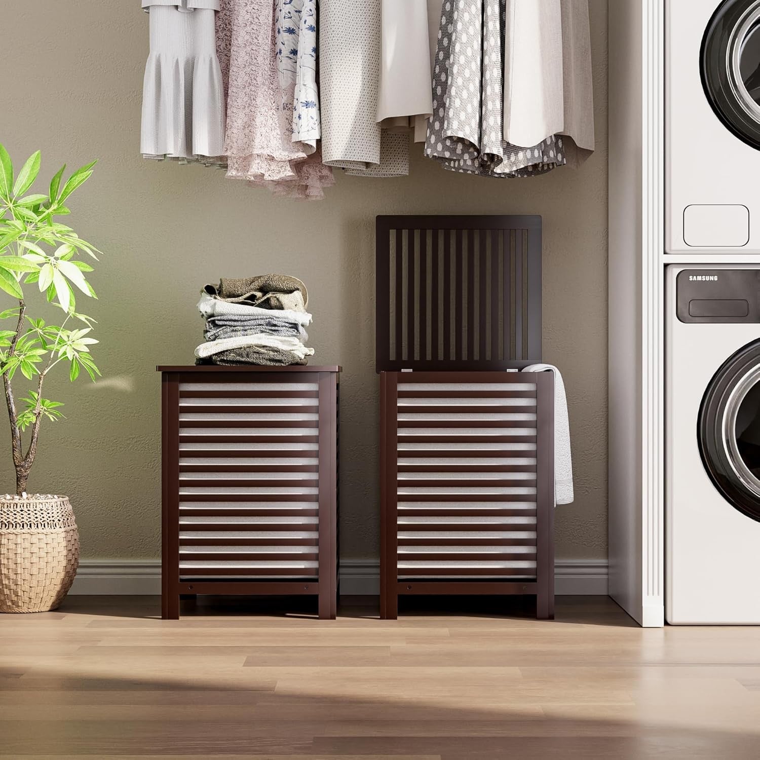 Double Bamboo Laundry Hamper with Lid 120L 2 Section Basket Brown 47x47x65cm