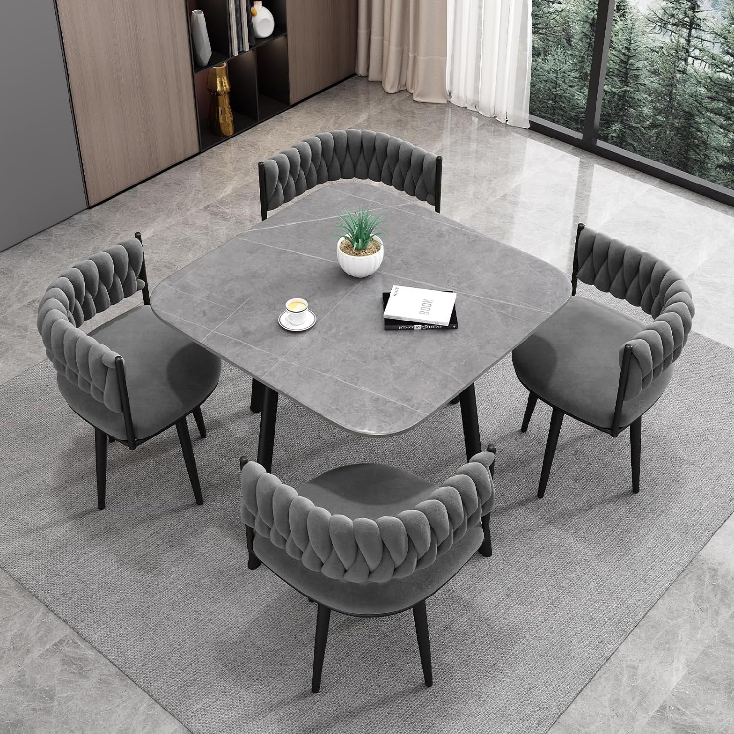 Space-Saving Rock Slab Marble Dining Table & 4 Velvet Chairs Set Grey