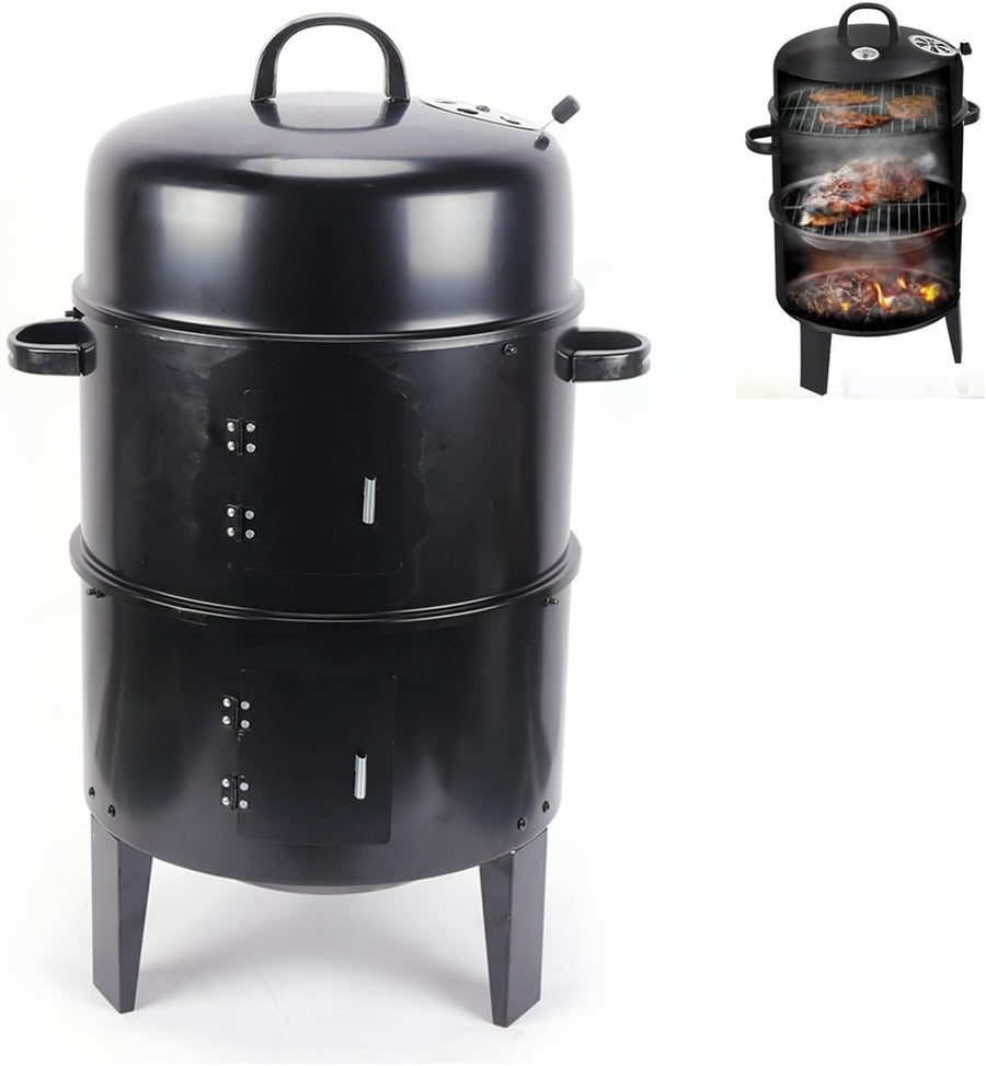 3-in-1 Charcoal Smoker BBQ Grill with Thermometer Outdoor Cooking Oven Portable