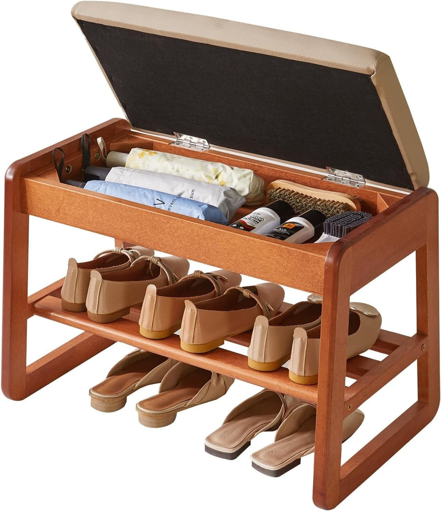 Luxury 2-Tier Wooden Shoe Storage Bench with Cushion Seat & Flip-Top Organizer