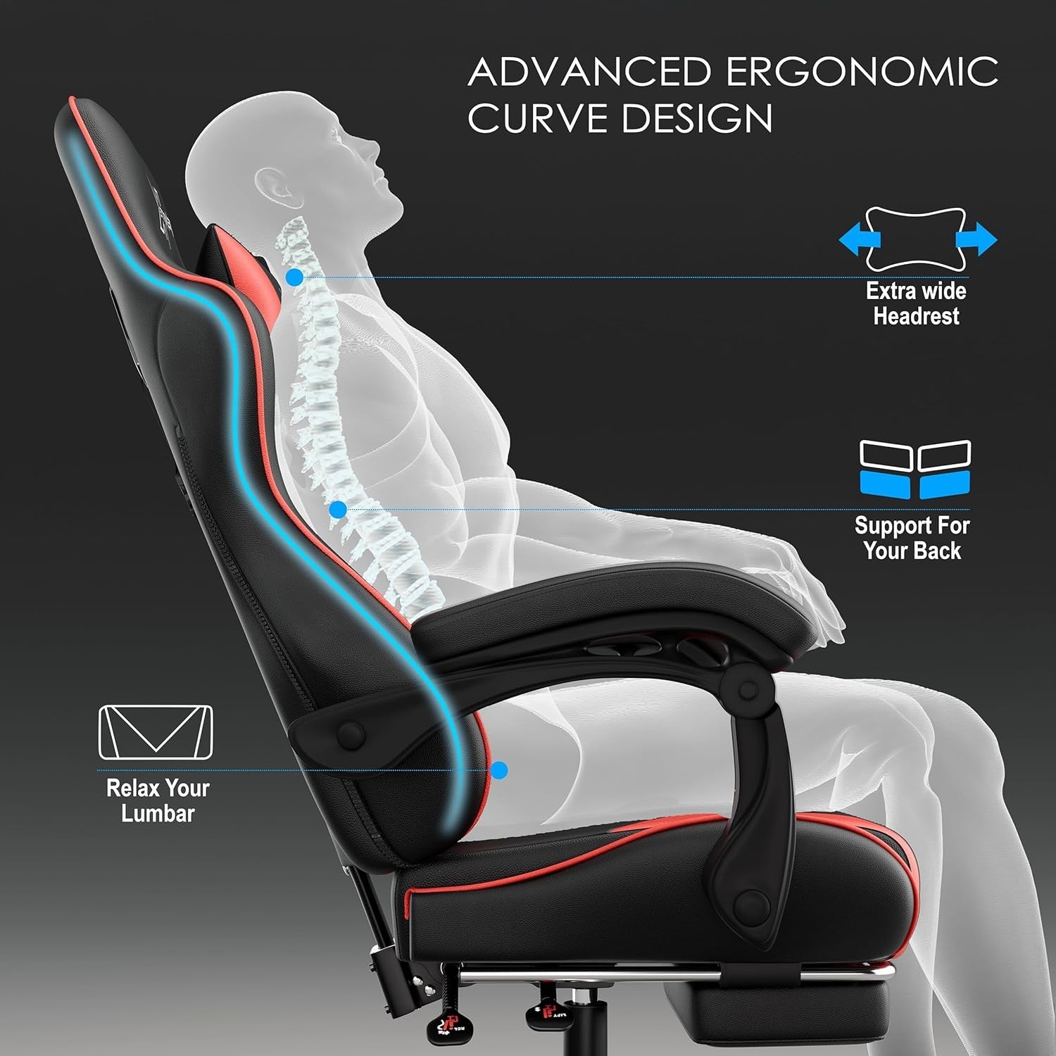 Ergonomic Gaming Chair Recliner w/ Footrest Lumbar Support Black Red