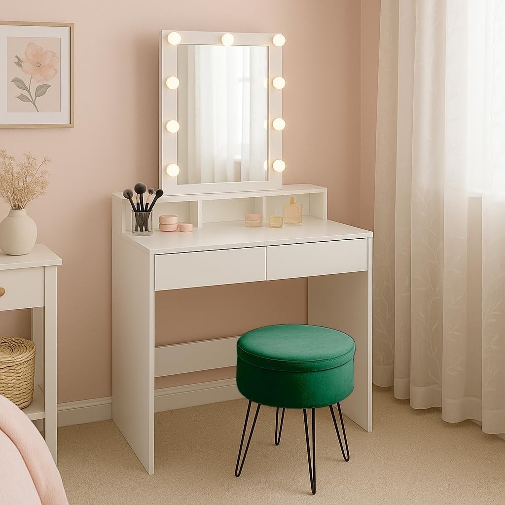 White Wooden Dressing Table w/ 9 LED Lights Mirror & Storage Bedroom
