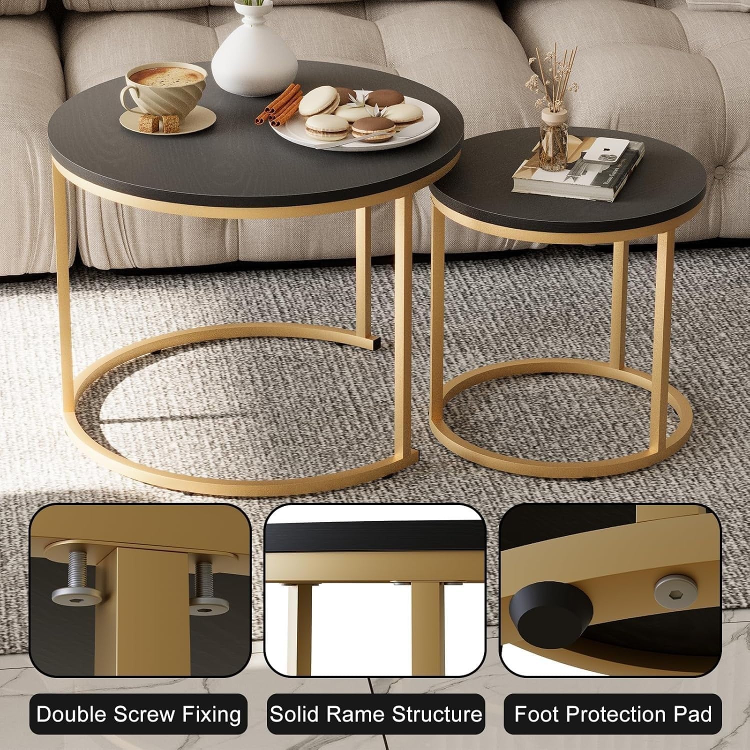 Nesting Coffee Tables Set of 2 Modern Round Black Gold Metal Side End Space Savi