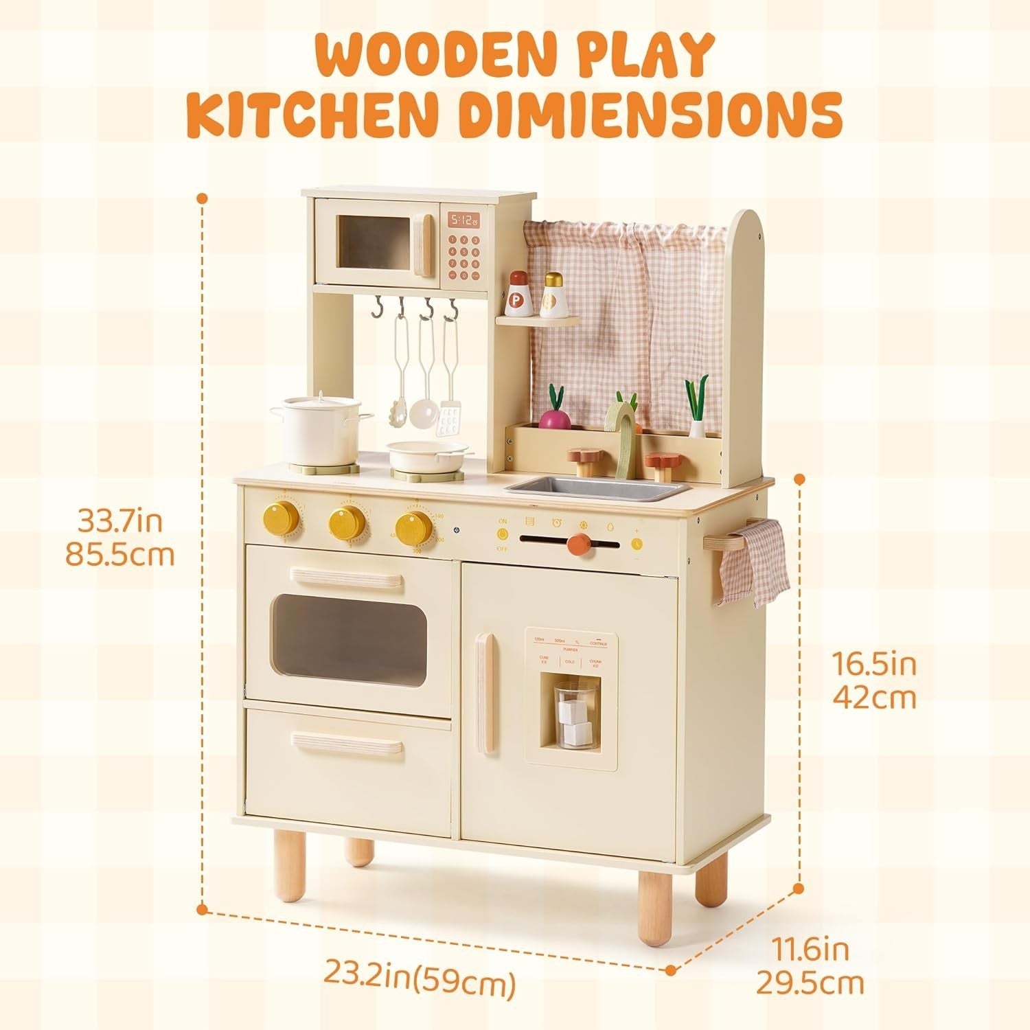Wooden Kids Play Kitchen w/ Ice Maker Microwave Cream Toy